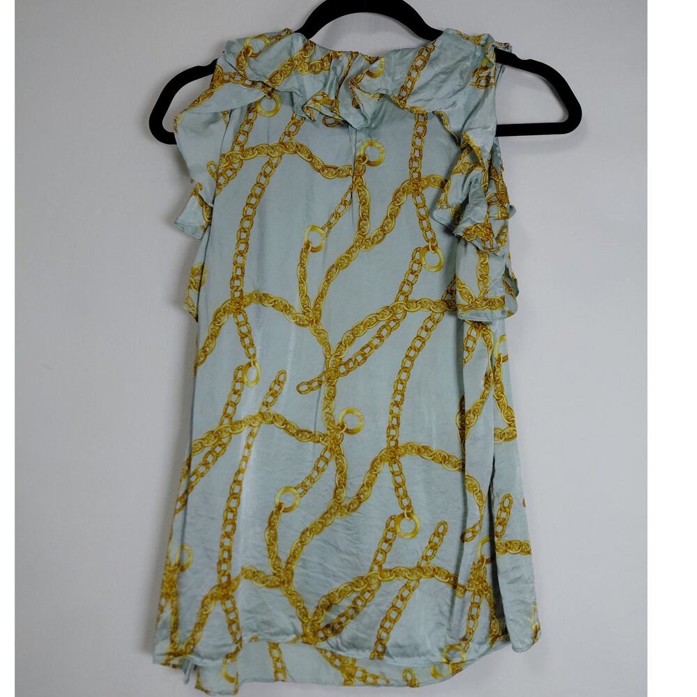 Milly Made in USA 100% Silk Blue Ruffle Crew Neck Geometric Top Size 8 - Picture 3 of 10